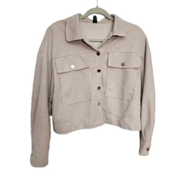 SHEIN Tops - 3/$25 Shein Shacket waffle raw hem neutral beige boxy shirt jacket size XS